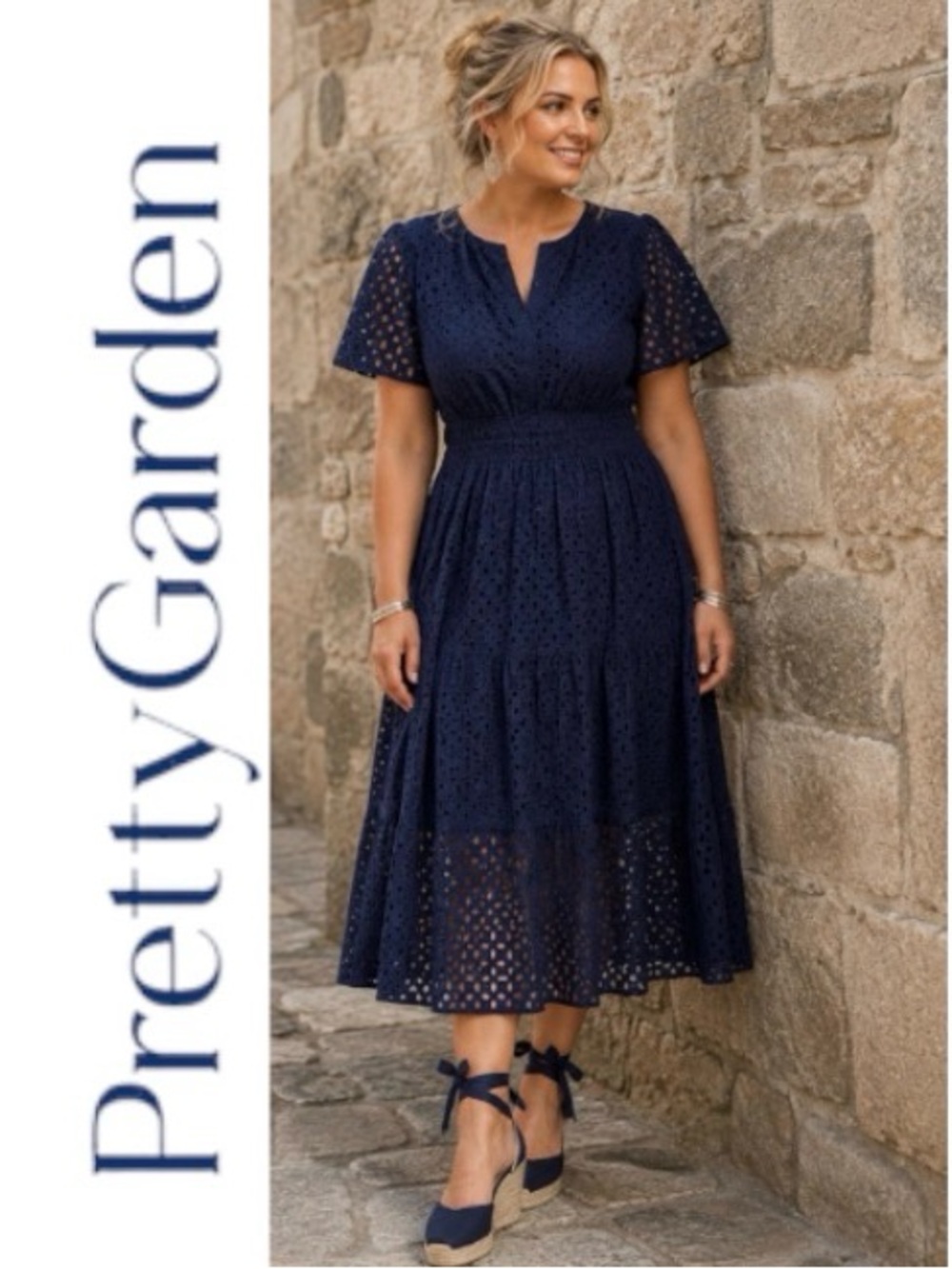XXL Pretty Garden Navy Eyelet Maxi Dress with Smocked Waist, New With Tags